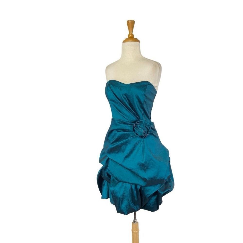 Teeze Me S JR 9 Green Satin Dress Gown Formal Prom Bridesmaid Gathered Bubble
